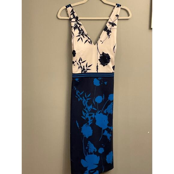 TED BAKER TILLIAI BLUEBELL NAVY AND CREAM BODYCON DRESS W SUSPENDERS SZ 3 US8-10 - Picture 5 of 14